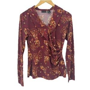 Vintage 90s Y2k Burgundy Floral Paisley Babydoll‎ Faux Wrap Top Fairy Grunge S